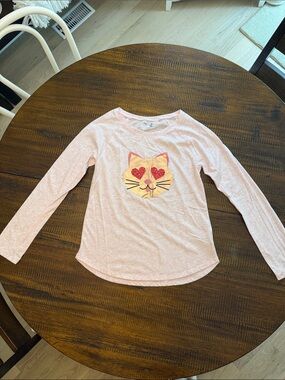GAP Light Pink Long-Sleeve Tee with Gold Cat and Red Heart Sequins